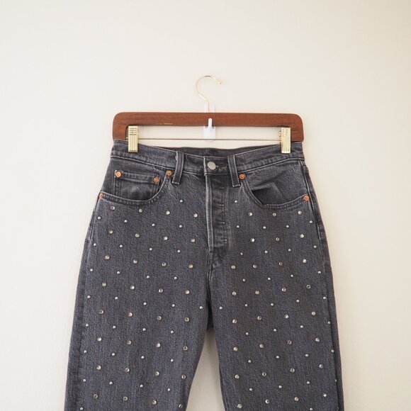 !! Levi’s 501 Original Cropped Studded Black Jeans sz W26 L26 - Picture 3 of 7